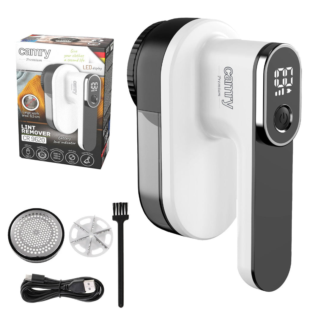 Camry fabric shaver, LCD display, Li-Ion rechargeable battery, white and black, CR 9620