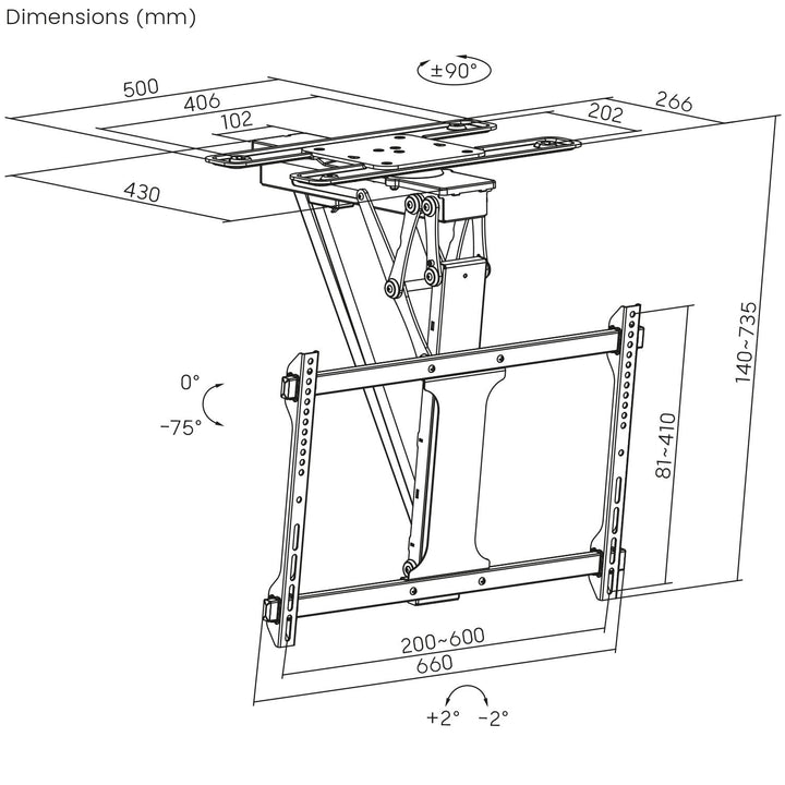 Maclean electric ceiling TV mount, TUYA support, max VESA 600x400, 90st swivel remote control, 32"-75", 35kg, MC-490