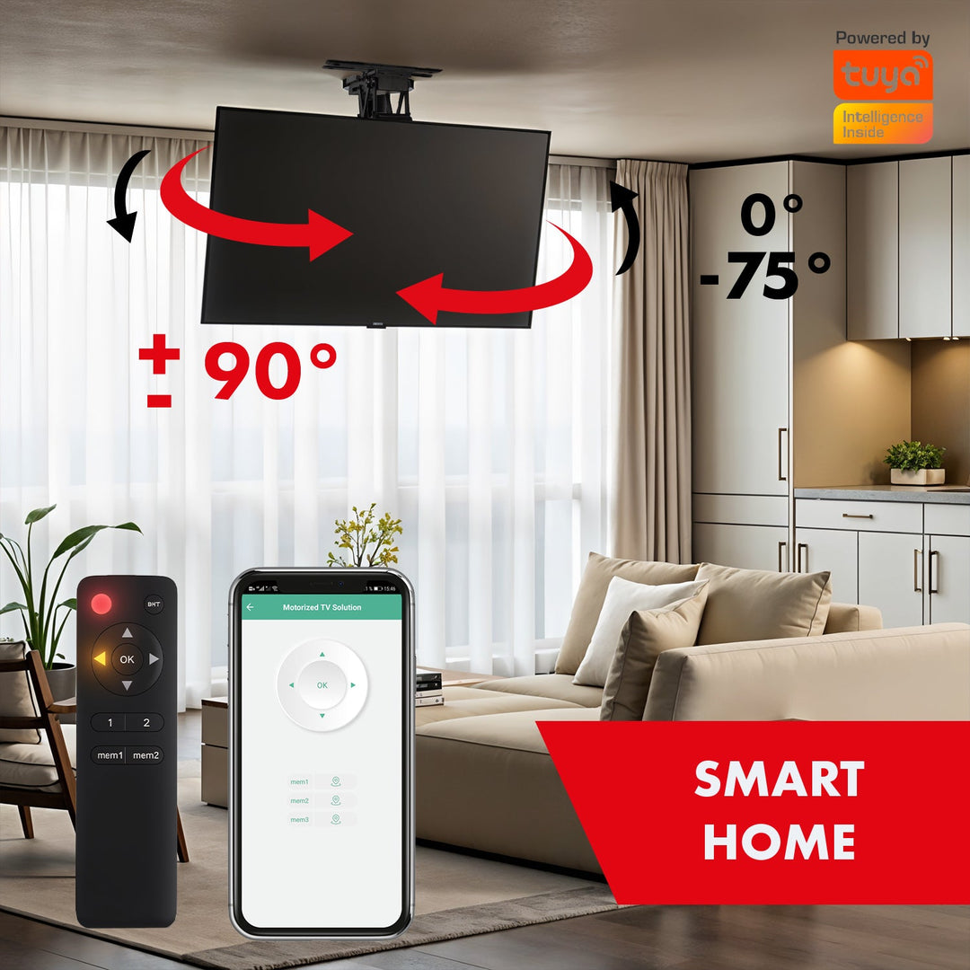 Maclean electric ceiling TV mount, TUYA support, max VESA 600x400, 90st swivel remote control, 32"-75", 35kg, MC-490