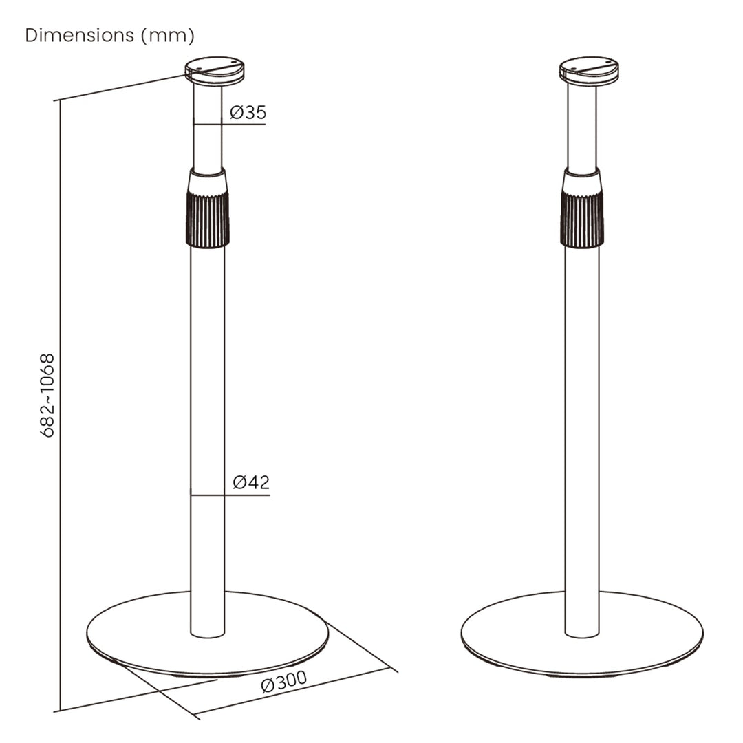 Maclean MC-496 Floor stand for Sonos Era 100 and 300 | Adjustable 682-1068 mm | Cable management and stable base | Set of 2 black tripods | Stylish and safe design