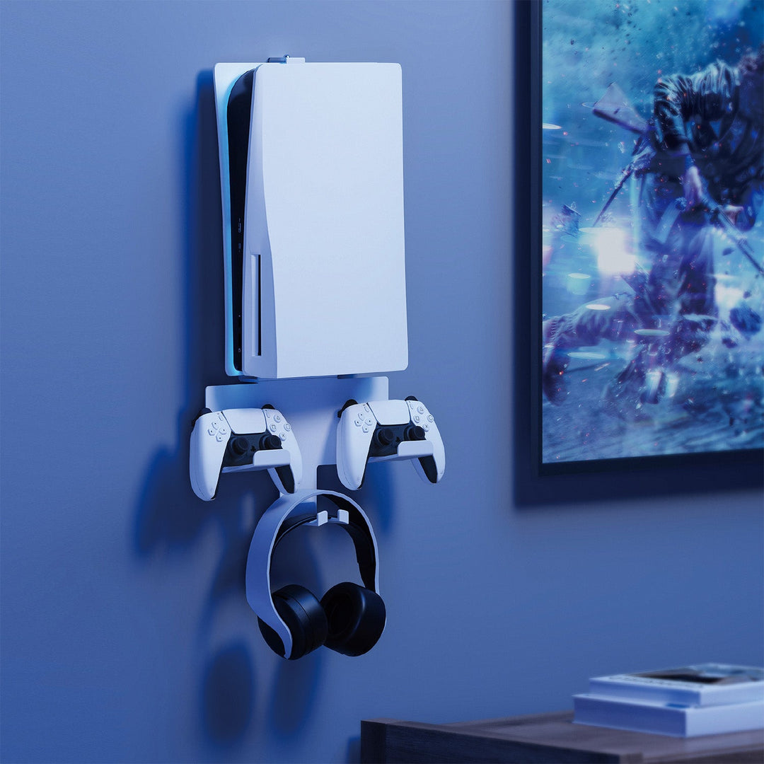 Wall mount stand white for Playstation 5 console with pad holder, 10kg max, NanoRS RS181