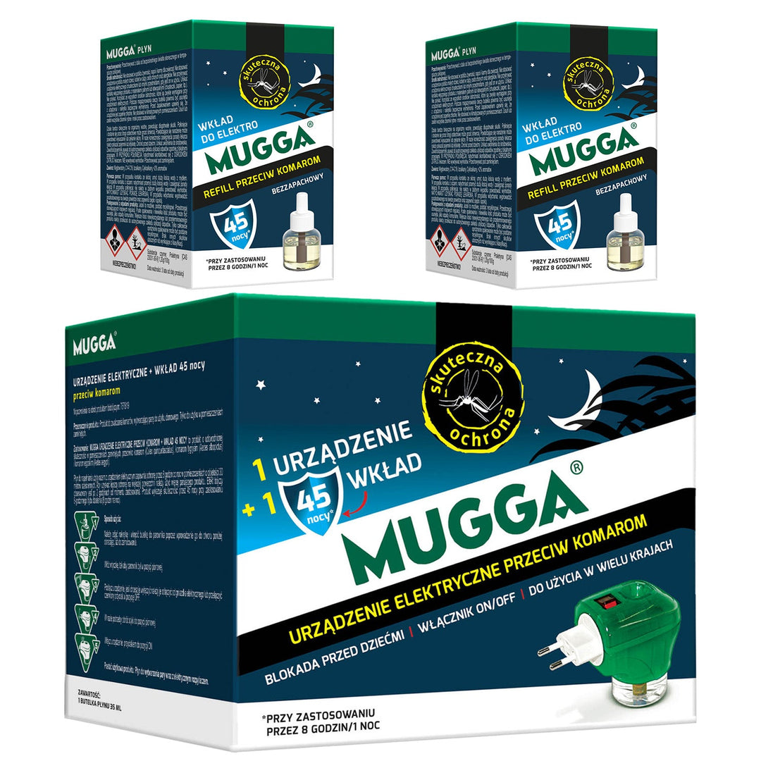 Electric device with Mugga 45 night mosquito refill 35ml + 2x Mugga 45 night mosquito liquid refill 35ml