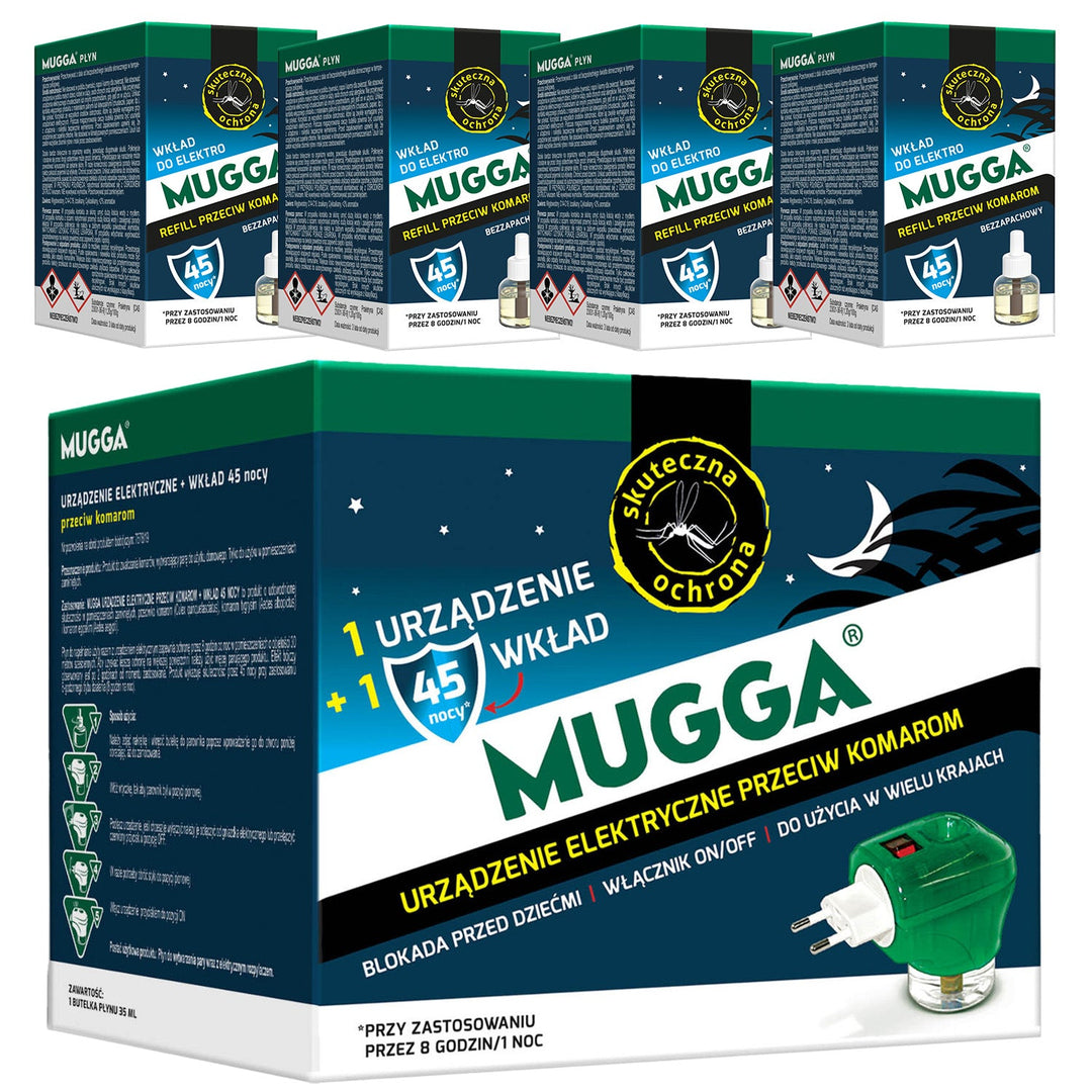 Electric device with Mugga 45 nights 35ml mosquito refill + 4x Mugga 45 nights 35ml mosquito fluid refill