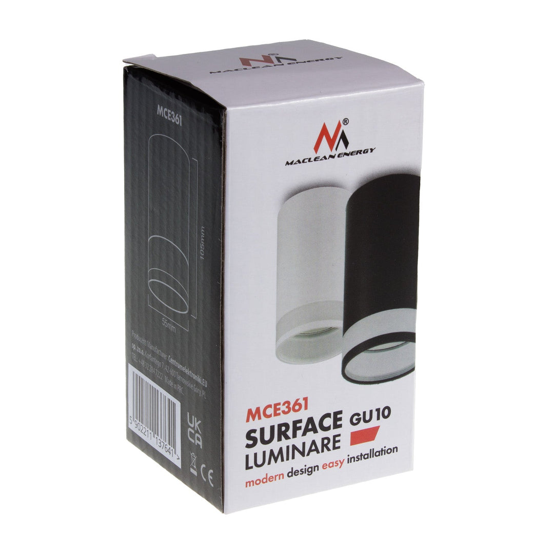 Maclean surface mount / tube luminaire, spot, round, aluminum, GU10, 55x105mm, white, MCE361 W