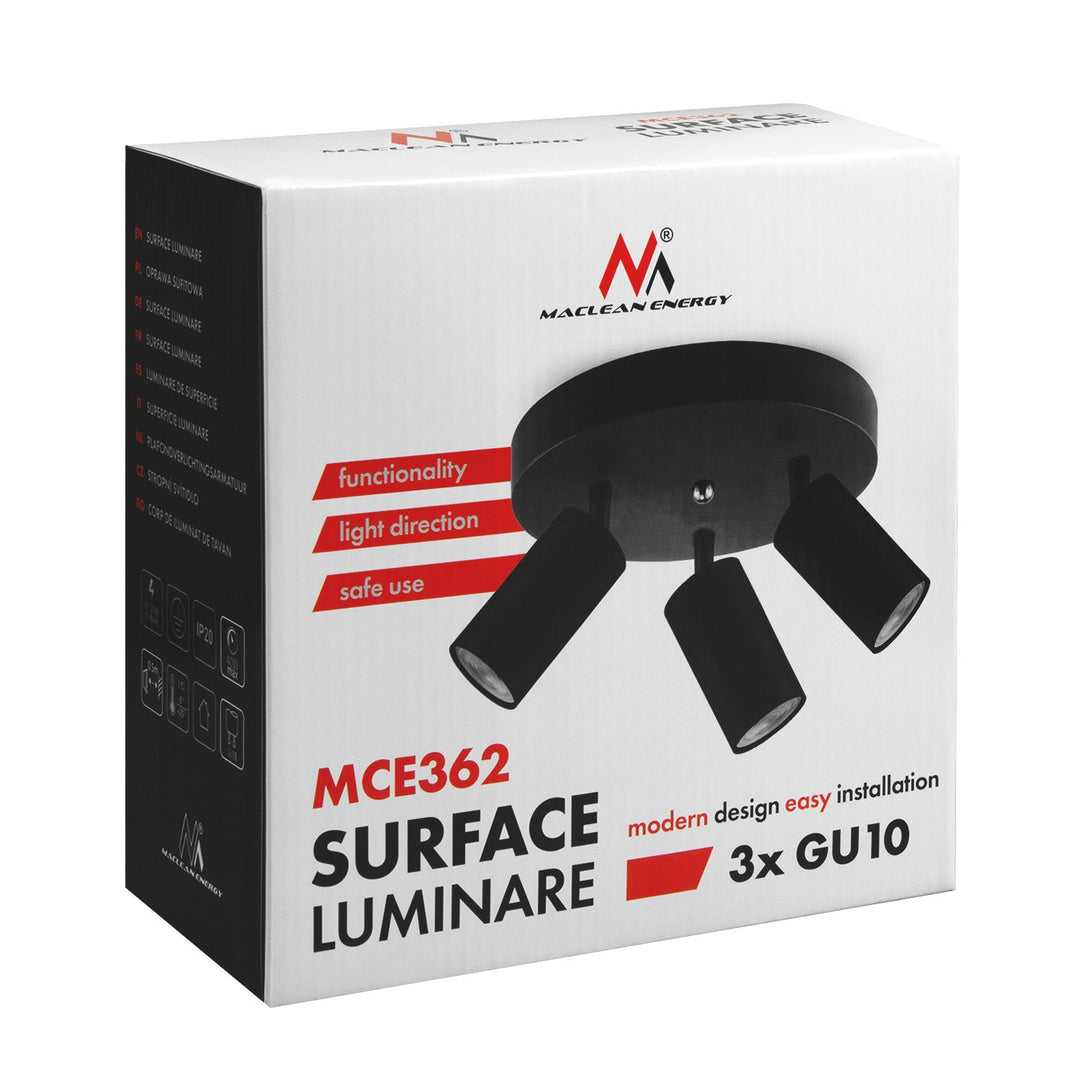 Maclean ceiling lamp, spot, movable, aluminum, 3xGU10, 55x100mm, matte black color, MCE362 B