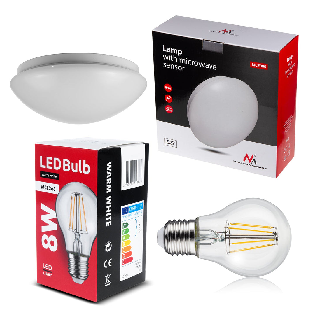 Maclean ceiling lamp 1xE27 with sensor, microwave sensor, PMMA diffuser, max. load 25W, IP20, MCE309 + MCE268 WW bulb