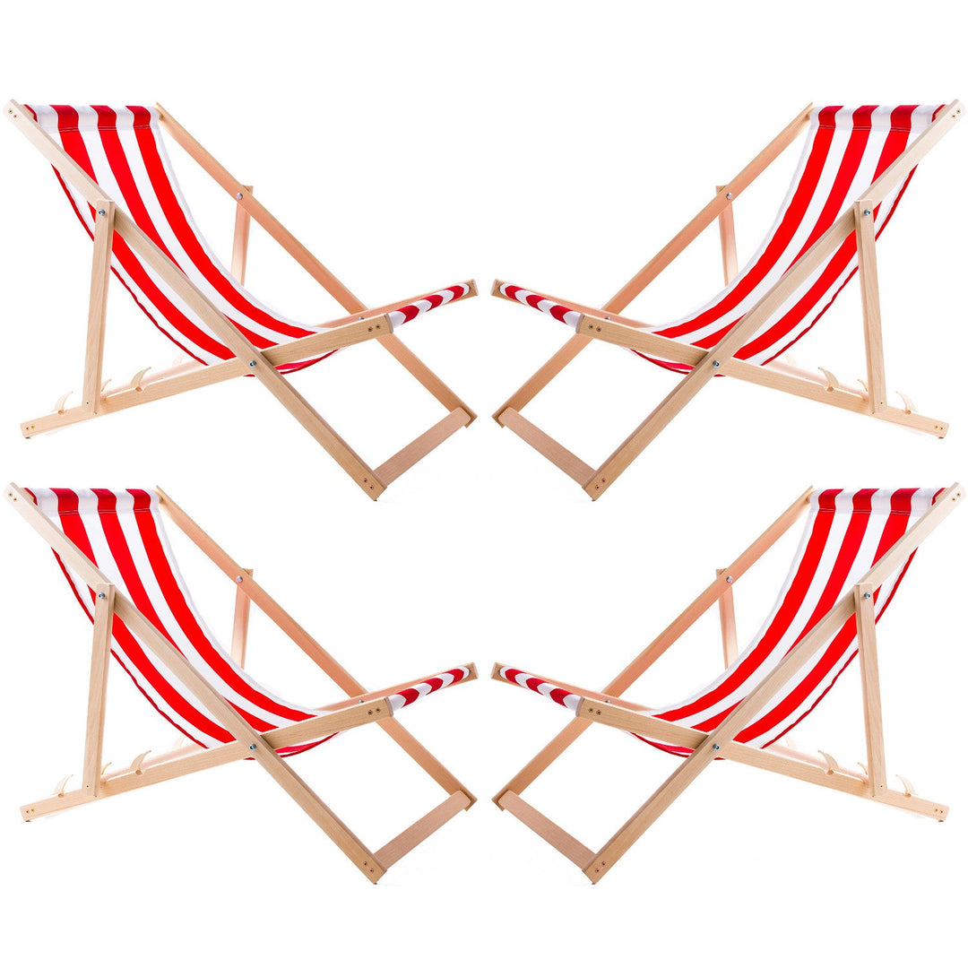 Set of 4 Comfortable Wood Deck Chairs with Red Stripes – Perfect for Beach, Balcony, or Terrace, Fully Assembled