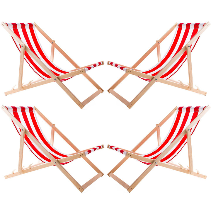 Set of 4 Comfortable Wood Deck Chairs with Red Stripes – Perfect for Beach, Balcony, or Terrace, Fully Assembled