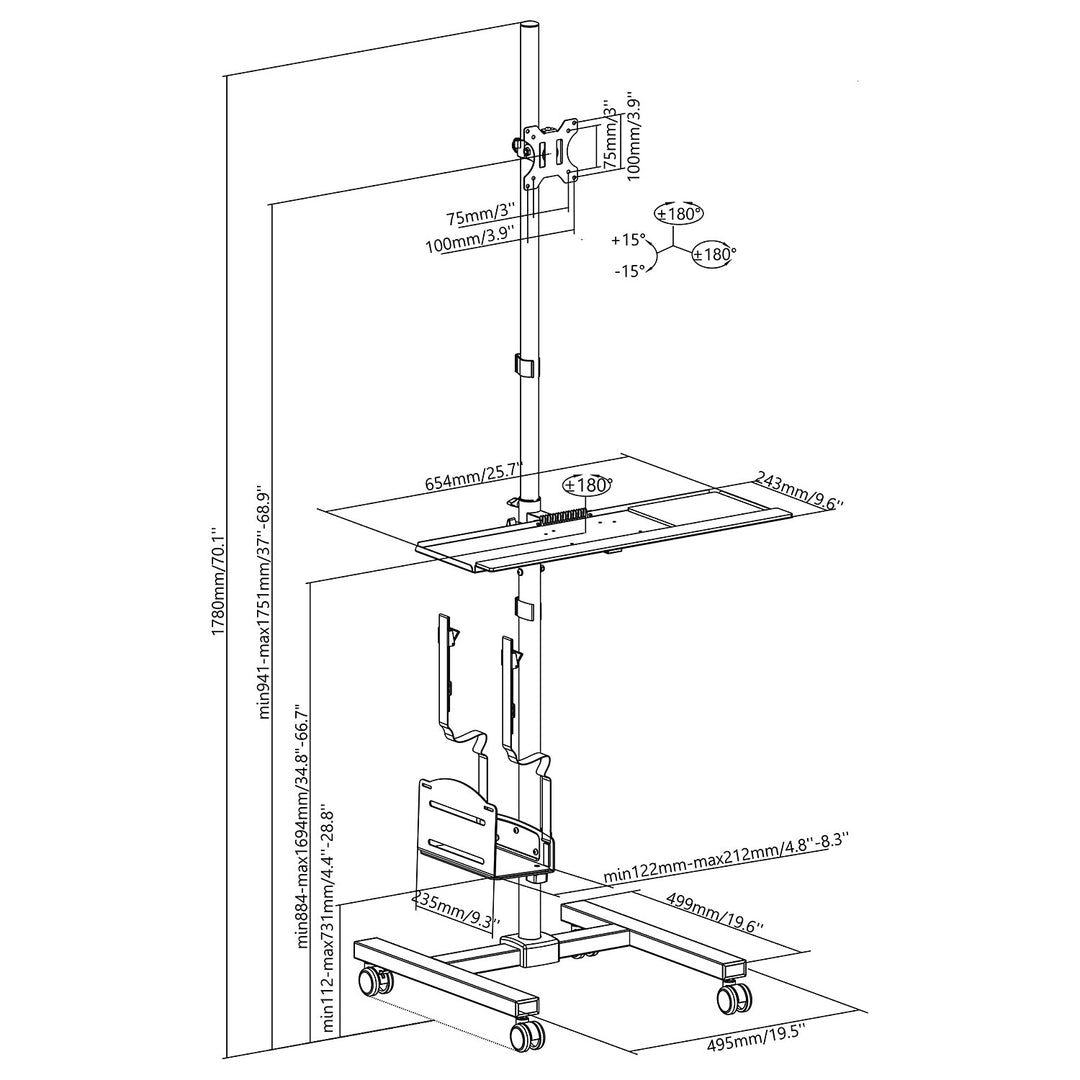 Maclean professional laptop stand cart, mobile computer workstation on wheels, max 17"-32", max 20kg, MC-793