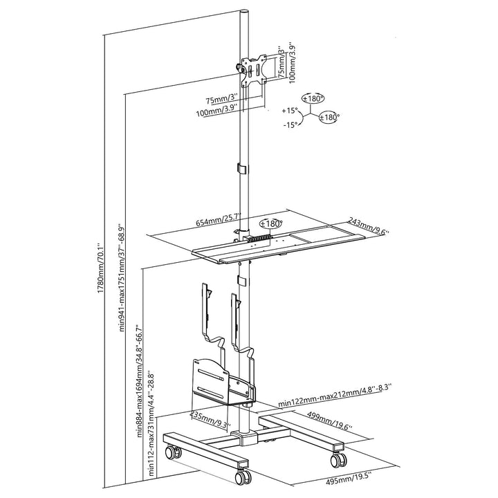 Maclean professional laptop stand cart, mobile computer workstation on wheels, max 17"-32", max 20kg, MC-793