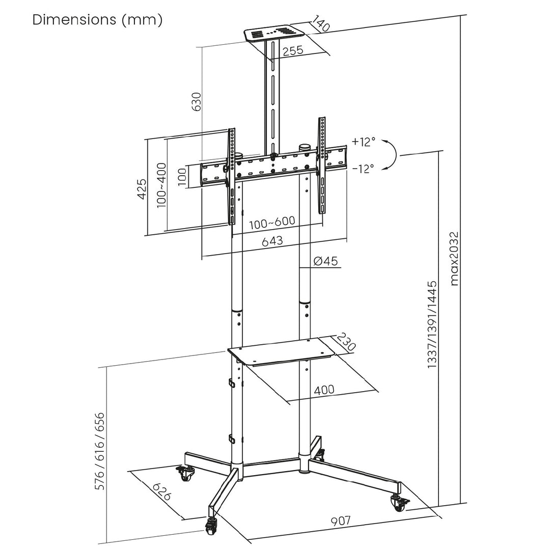 Maclean TV stand / cart, camera shelf, on wheels, 37-70", max load 45kg/5kg shelf, max. VESA 600x400, MC-113 B