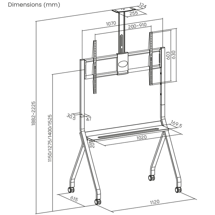 Maclean TV stand / cart, camera shelf, on casters, 55-100", max load 120kg/10kg shelf, max. VESA 900x600, black, MC-114 B