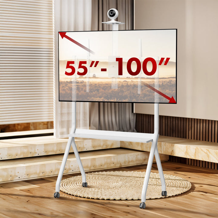 Maclean TV stand / cart, camera shelf, on casters, 55-100", max load 120kg/10kg shelf, max. VESA 900x600, white, MC-114 W