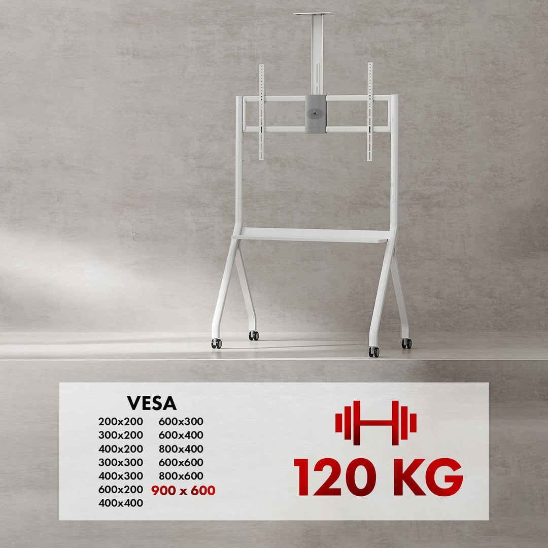 Maclean TV stand / cart, camera shelf, on casters, 55-100", max load 120kg/10kg shelf, max. VESA 900x600, white, MC-114 W