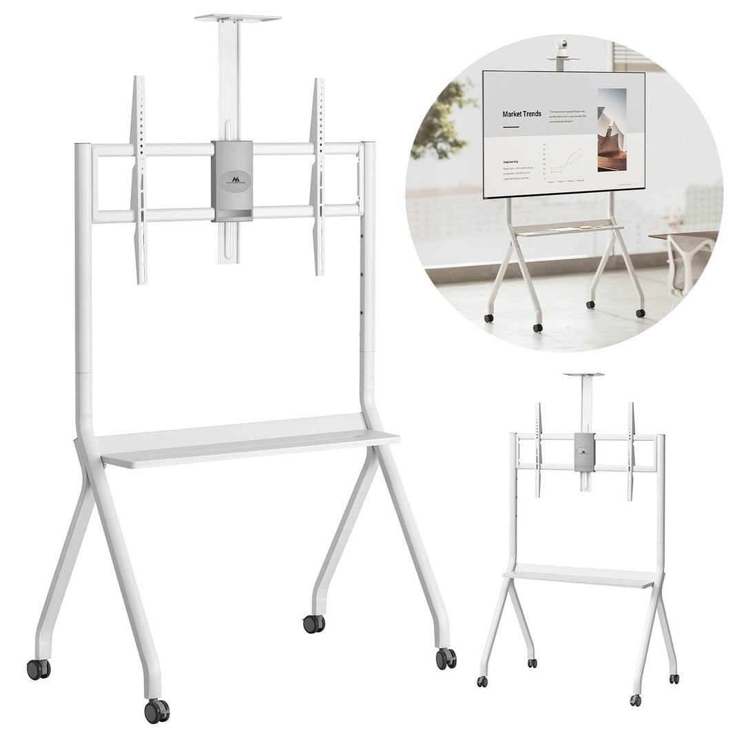 Maclean TV stand / cart, camera shelf, on casters, 55-100", max load 120kg/10kg shelf, max. VESA 900x600, white, MC-114 W