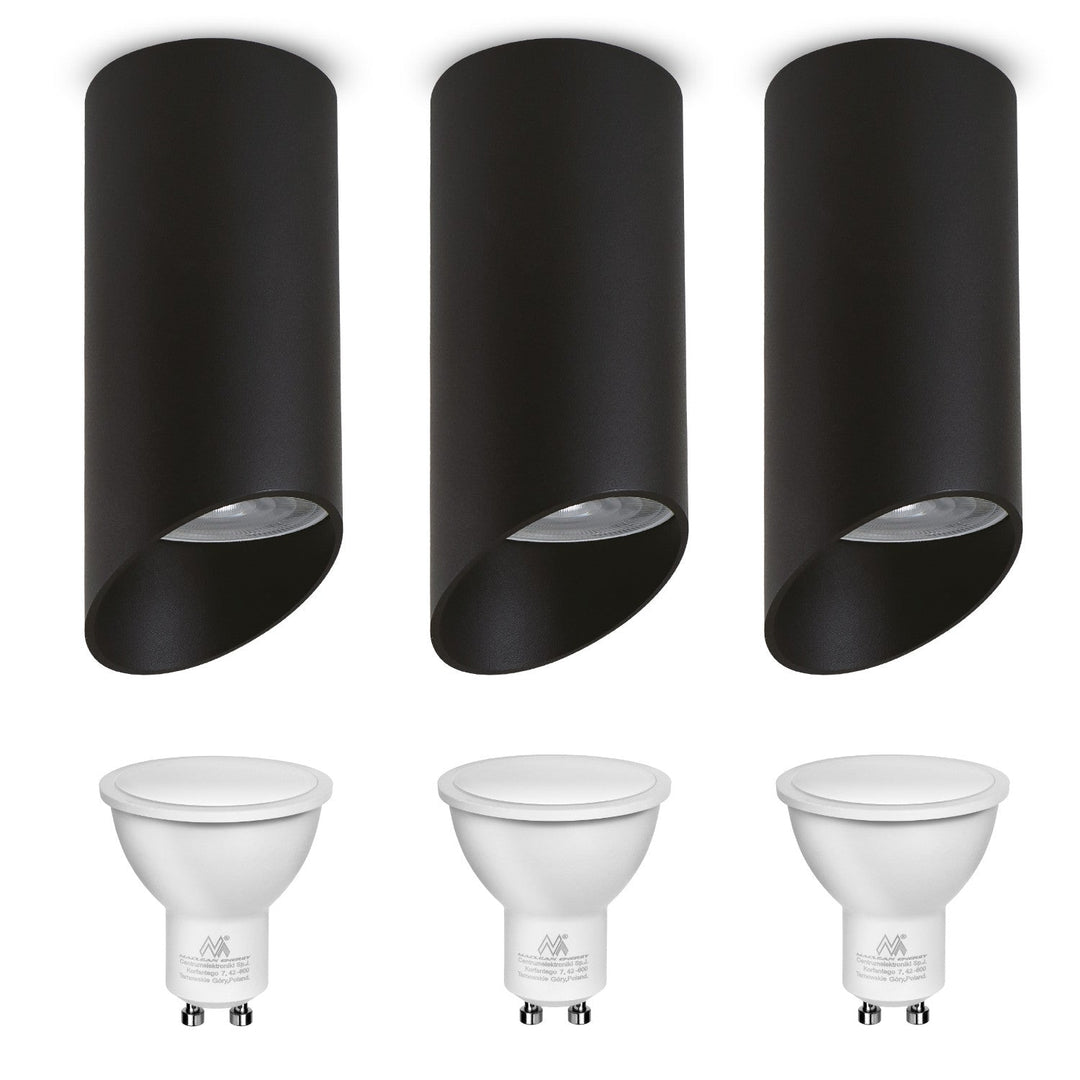 Maclean surface-mounted luminaire / tube, spot, round, aluminum, GU10, 55x130mm, black color, MCE360 B 3pcs + LED bulb GU10 7W Maclean Energy MCE437 WW warm white 3000K, 220-240V~, 50/60Hz, 3pcs