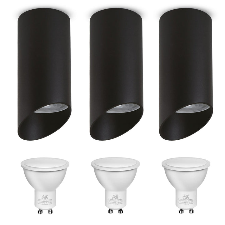 Maclean surface-mounted luminaire / tube, spot, round, aluminum, GU10, 55x130mm, black color, MCE360 B 3pcs + LED bulb GU10 7W Maclean Energy MCE437 WW warm white 3000K, 220-240V~, 50/60Hz, 3pcs