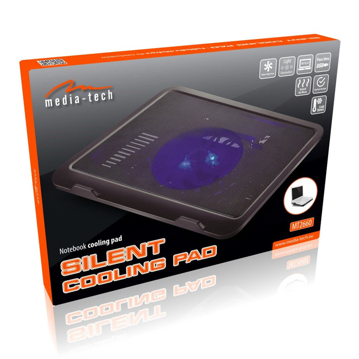 SILENT COOLING PAD - Cooling pad for laptops 15.6" and smaller, quiet, efficient, 13.5cm fans, pass-through USB port