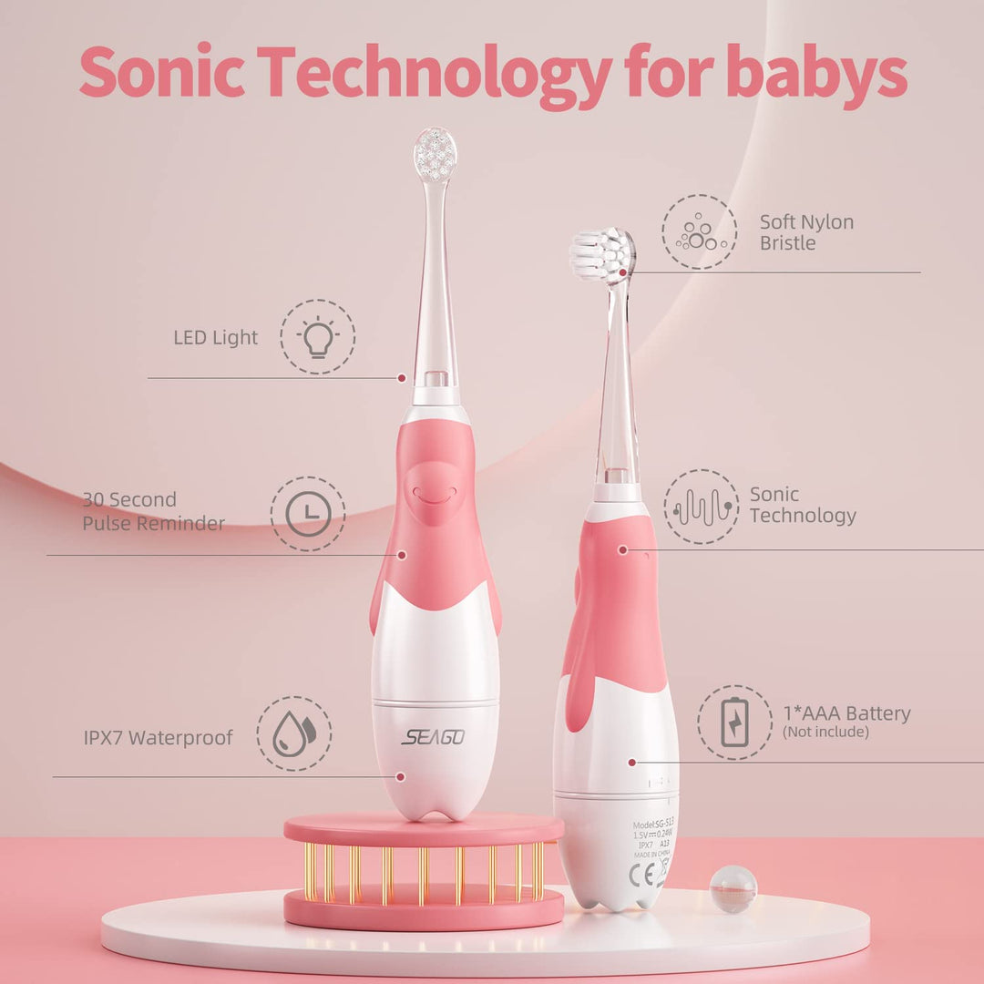 SEAGO children's sonic toothbrush, pink color, 4 tips,SG-513 Pink + SEAGO children's sonic toothbrush, blue color, 4 tips,SG-513
