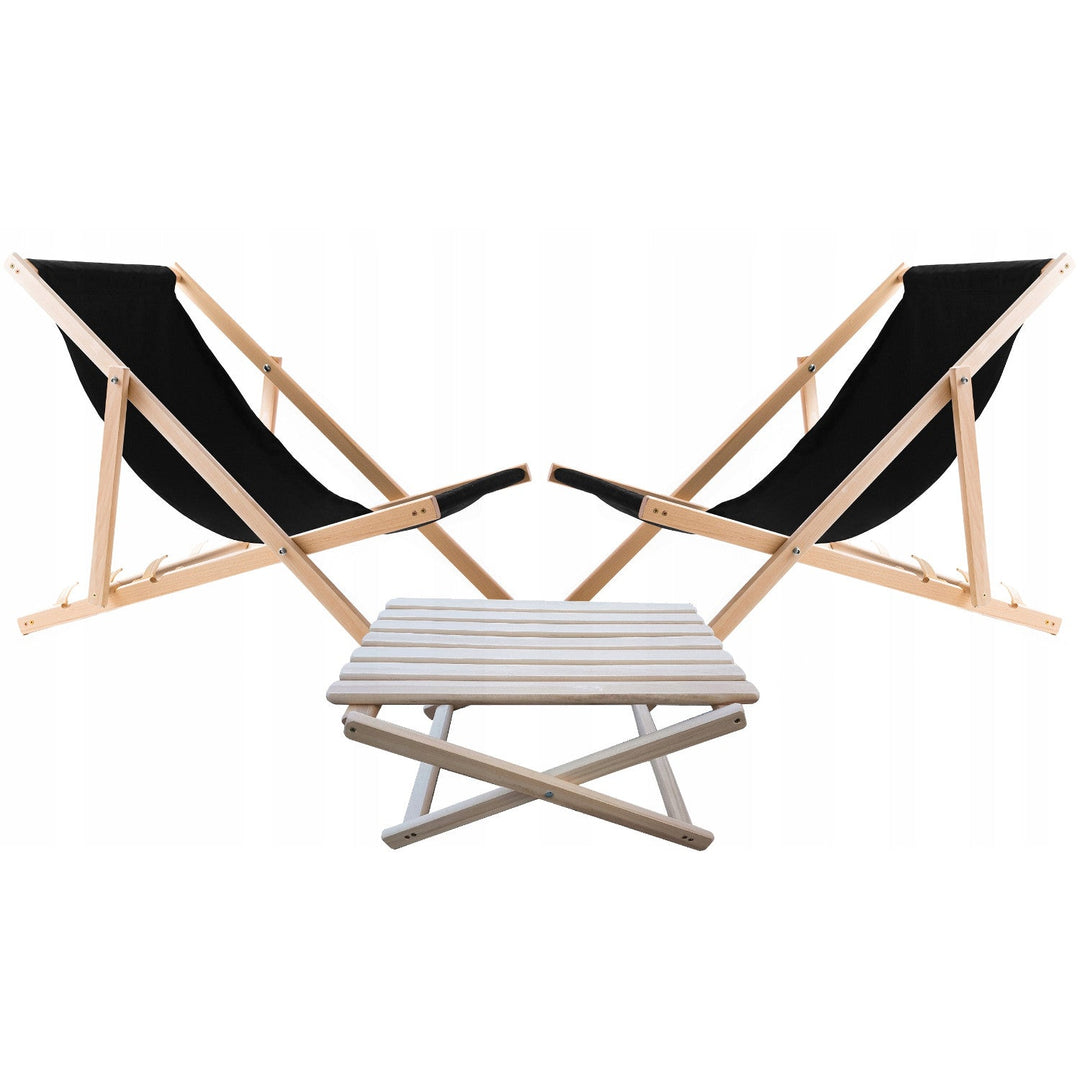 Set of 2 beach chairs, black color + wooden coffee table Woodok