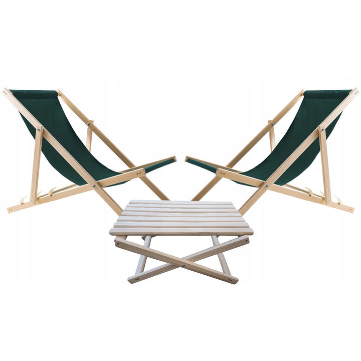 Set of 2 beach chairs, green color + wooden coffee table Woodok