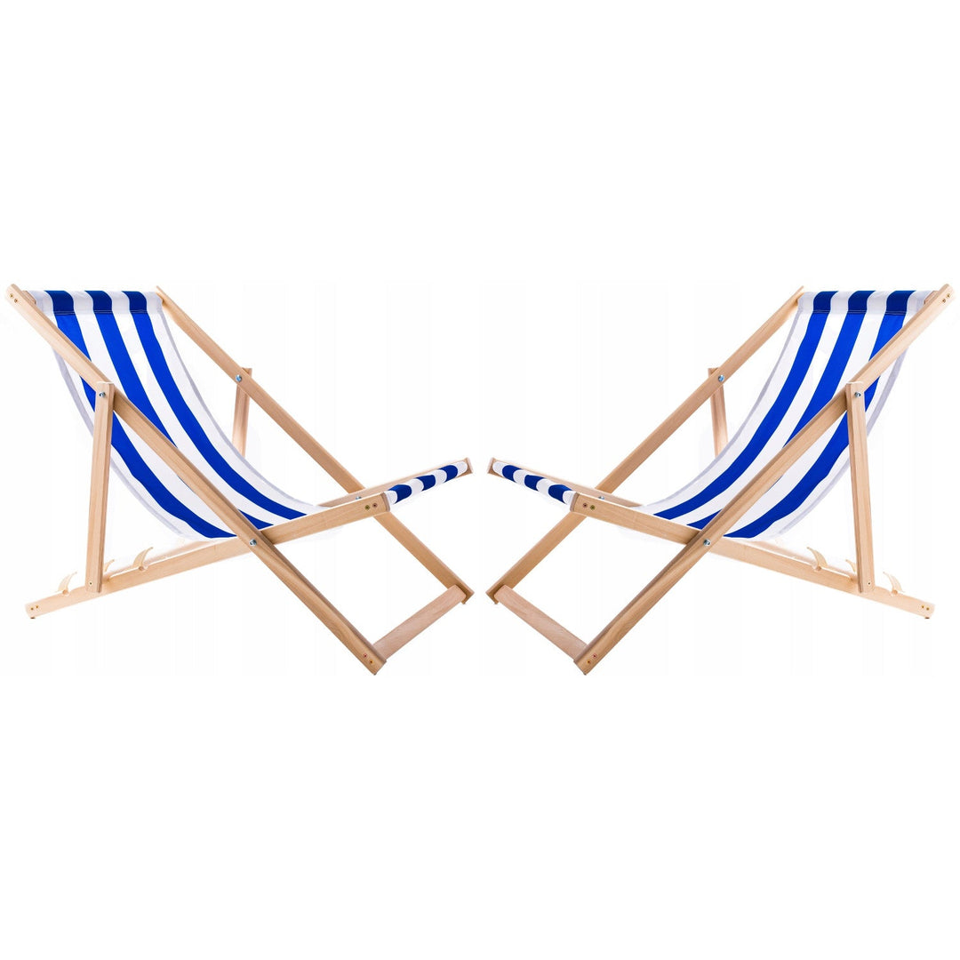 Set of 2 beach chairs, blue stripes + wooden coffee table Woodok
