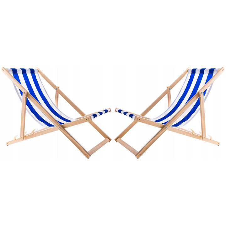 Set of 2 beach chairs, blue stripes + wooden coffee table Woodok