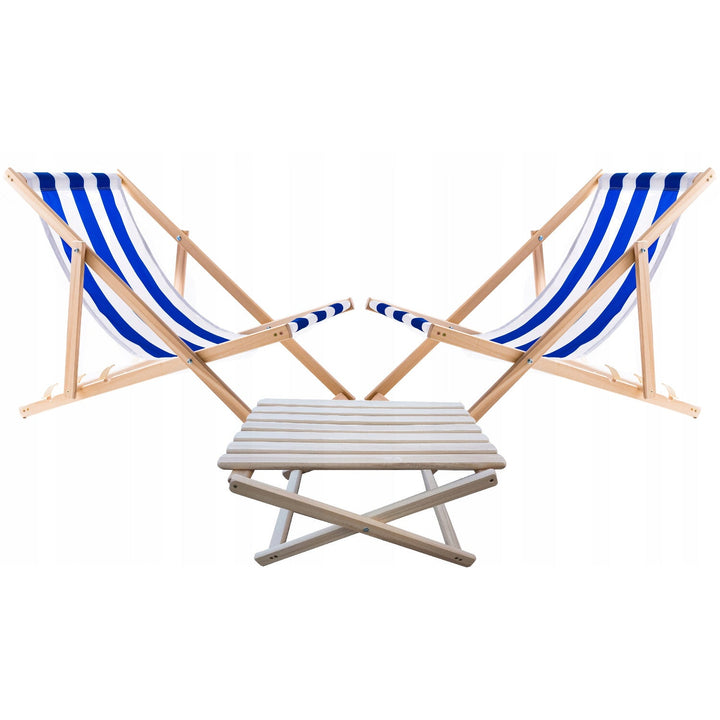 Set of 2 beach chairs, blue stripes + wooden coffee table Woodok