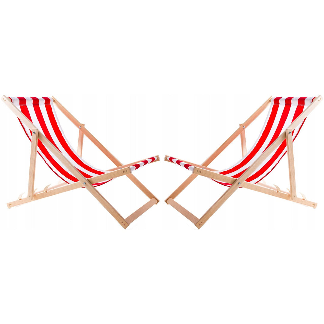 Set of 2 beach chairs, red stripes + wooden coffee table Woodok