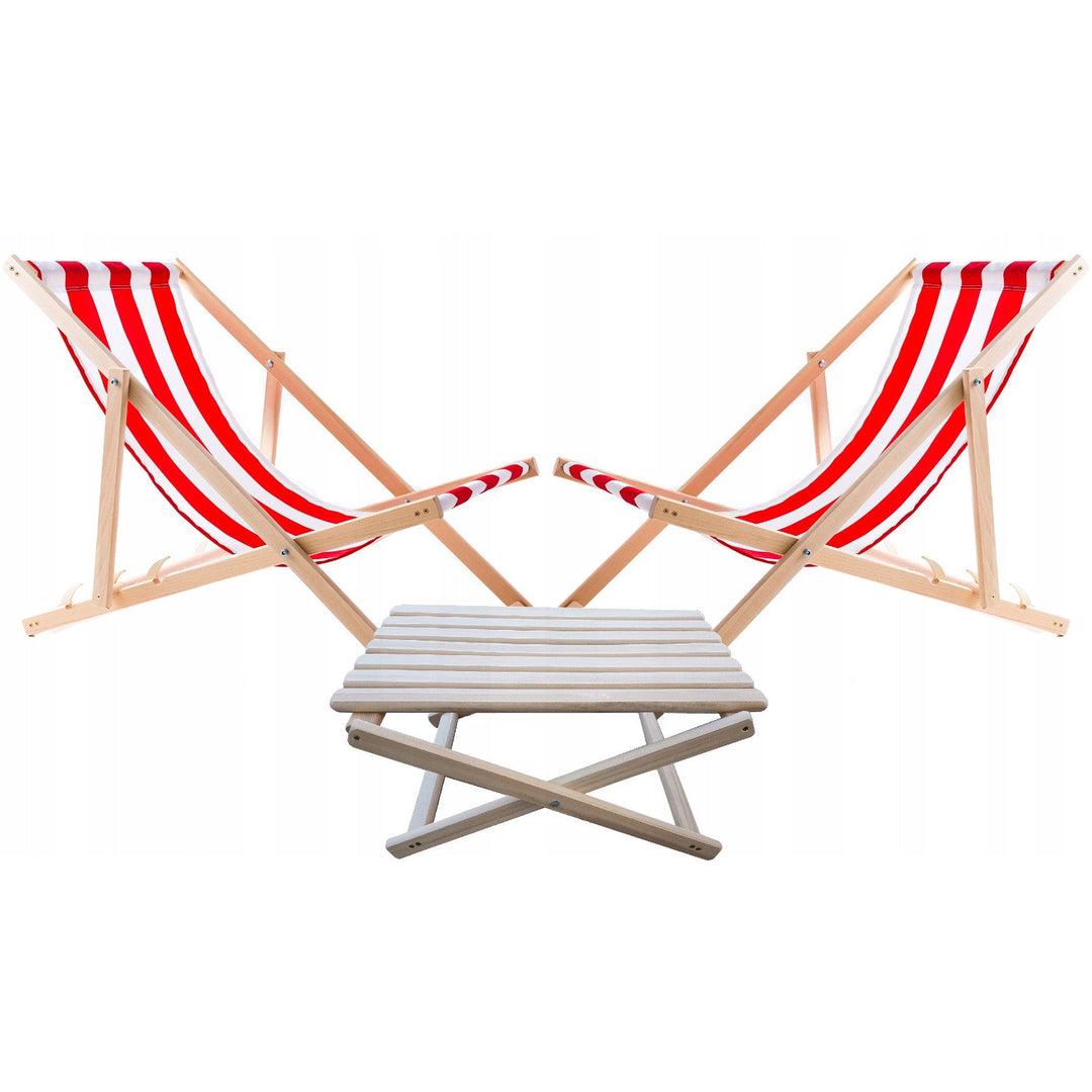 Set of 2 beach chairs, red stripes + wooden coffee table Woodok