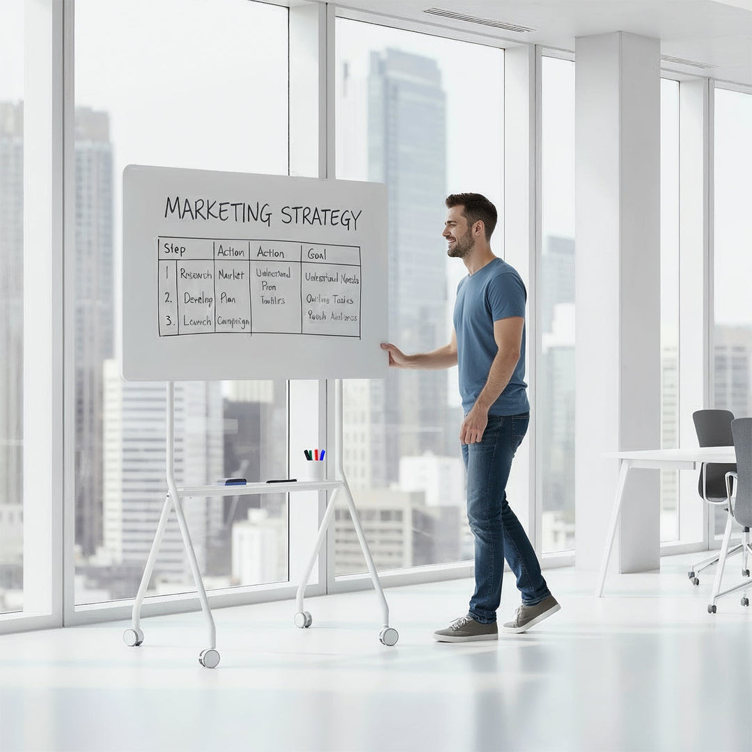 Ergo Office mobile dry erase board, horizontal orientation, white, single sided, with shelf, board dimensions 1190x790mm, ER-306