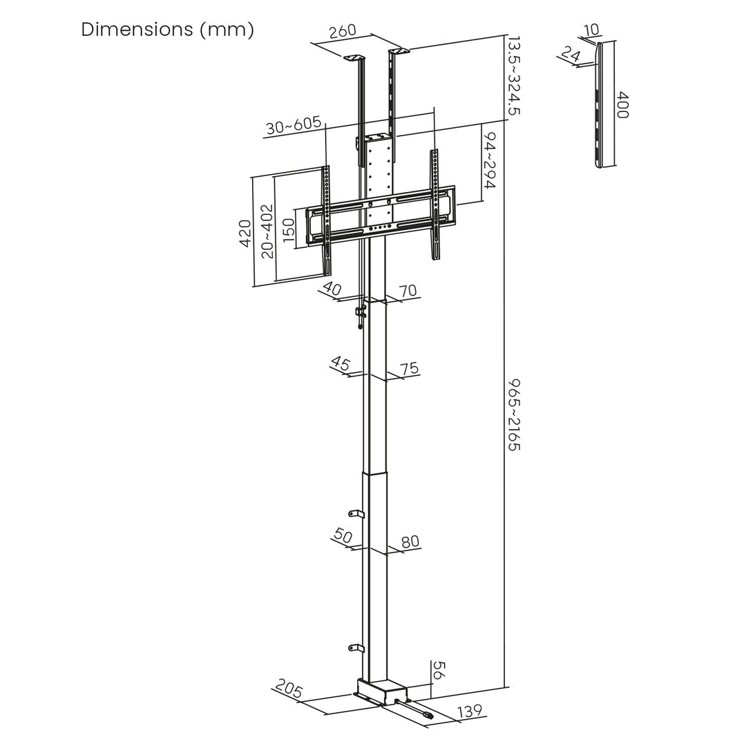 Maclean electric ceiling/floor mount, extendable, 43''-88'', VESA 600x400, max 60kg, 100-240V AC,50/60Hz