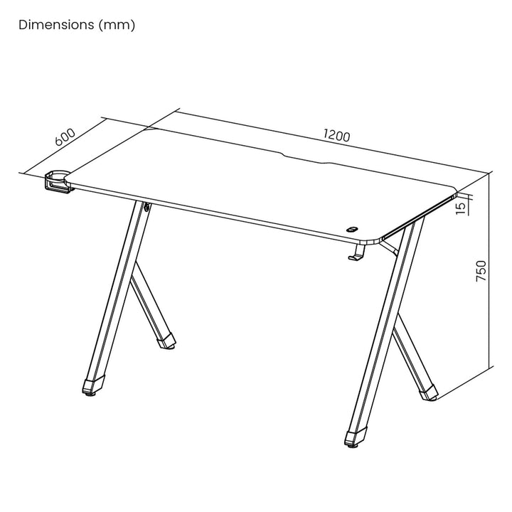 NanoRS gaming desk, black, with headphone and cup holder, RGB backlighting, max. 75kg, dimensions 1200x600x750mm, RS102