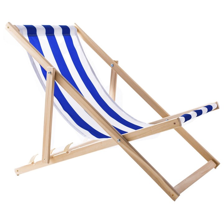 2 comfortable wood deck chairs, blue stripes, ideal for the beach, balcony, terrace, assembled