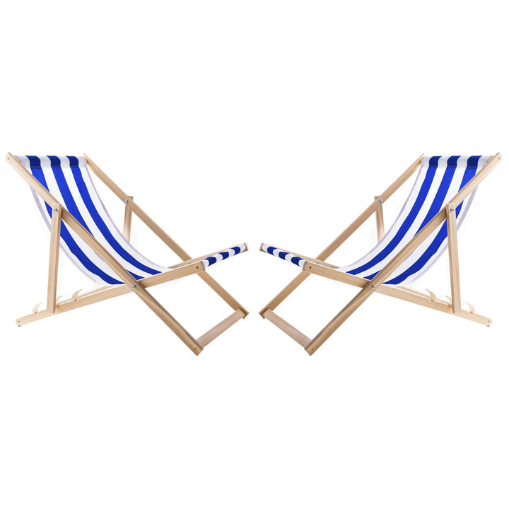 2 comfortable wood deck chairs, blue stripes, ideal for the beach, balcony, terrace, assembled