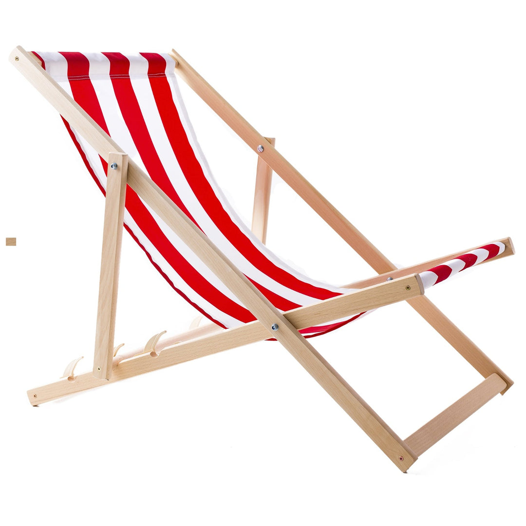 2 comfortable wooden deck chairs, red stripes, ideal for the beach, balcony, terrace, assembled