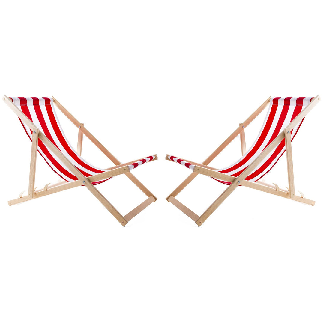 2 comfortable wooden deck chairs, red stripes, ideal for the beach, balcony, terrace, assembled