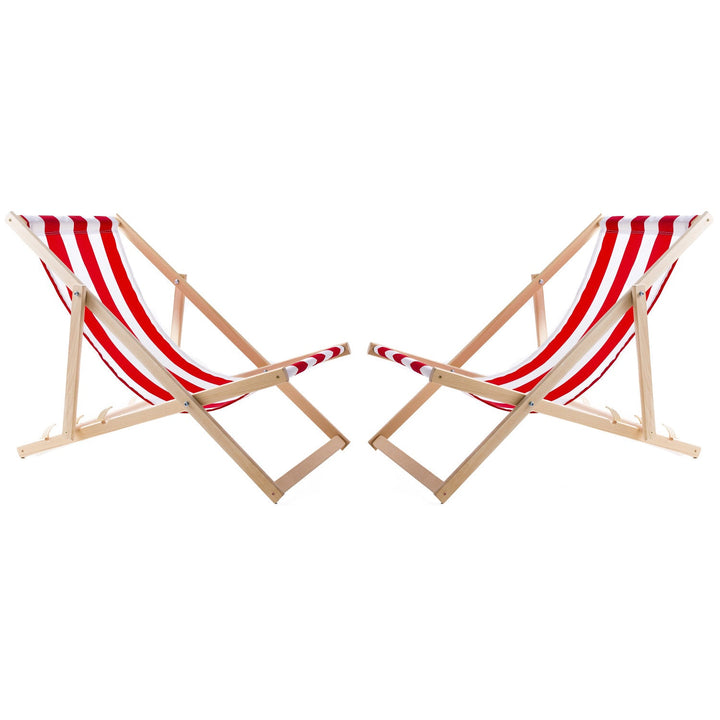 2 comfortable wooden deck chairs, red stripes, ideal for the beach, balcony, terrace, assembled