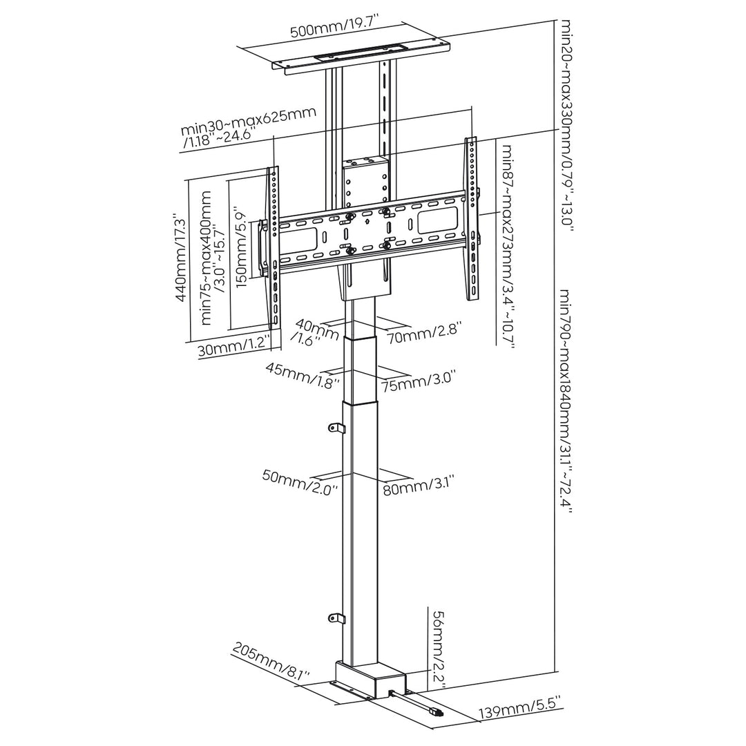 Maclean, TUYA, 37''-80''' Electric Extension TV Mount, VESA 600x400, max 60kg, MC-866T + HDMI 2.0 4K 3D UHD 1.8m CABLE 48 bit Copper