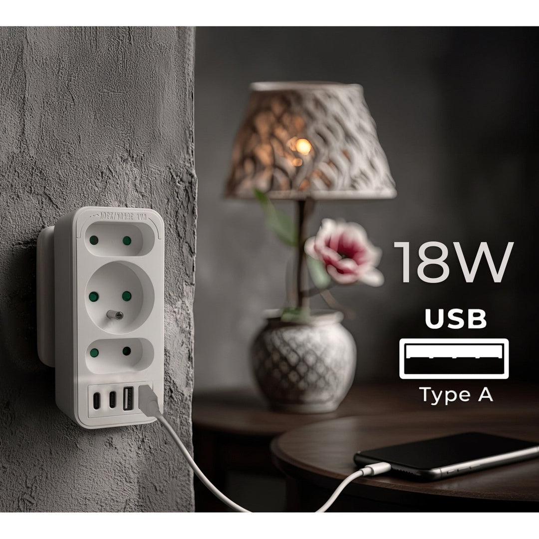 Current socket x3 + 4xUSB Maclean, splitter with 3 sockets, 2xUSB A, 2xUSB C PD 20W, 1x16A + 2x6A, MCE248 F/W