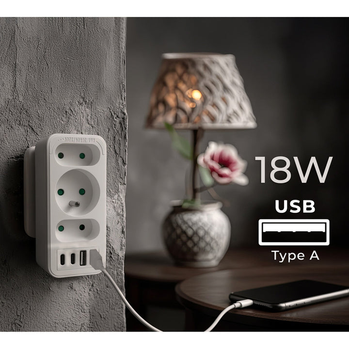 Current socket x3 + 4xUSB Maclean, splitter with 3 sockets, 2xUSB A, 2xUSB C PD 20W, 1x16A + 2x6A, MCE248 F/W