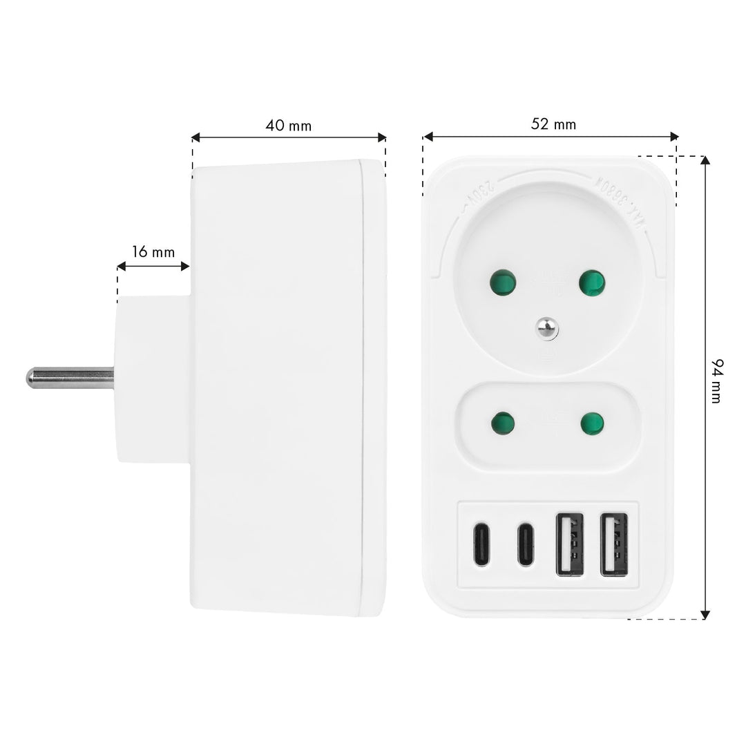 Current socket x2 + 4xUSB Maclean, splitter with 2 sockets, 2xUSB A, 2xUSB C PD 20W, 1x16A + 1x6A, MCE249 F/W