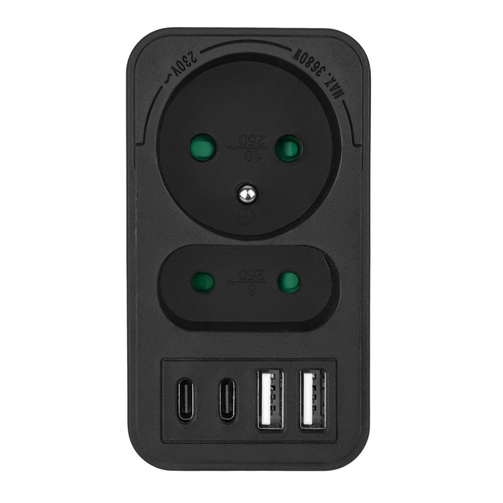Maclean current socket x2 + 4xUSB, splitter with 2 sockets, 2xUSB A, 2xUSB C PD 20W, 1x16A + 1x6A, MCE249 F/B
