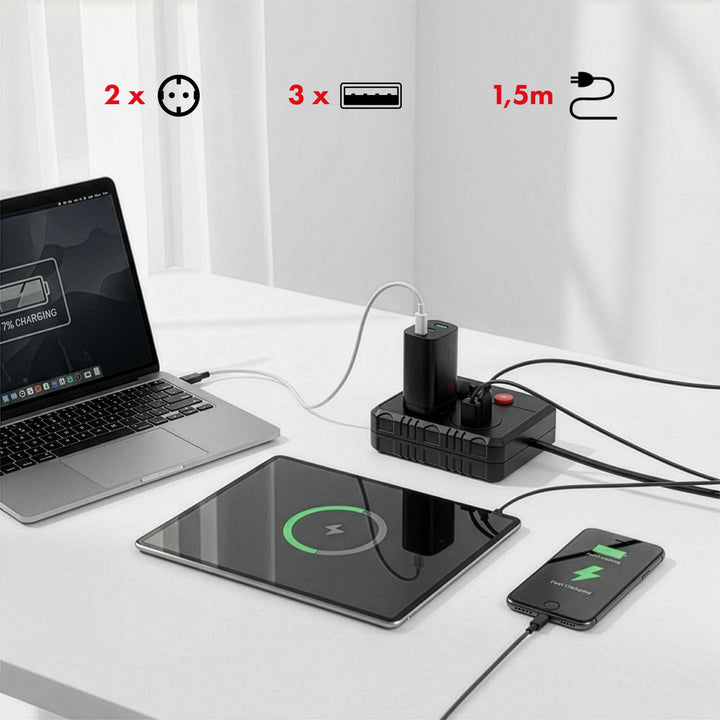 Maclean power strip, extender 2 sockets + 3xUSB, 110-240V AC 50/60Hz, 2.1A max 2500W, 1.5m, black, MCE387 B