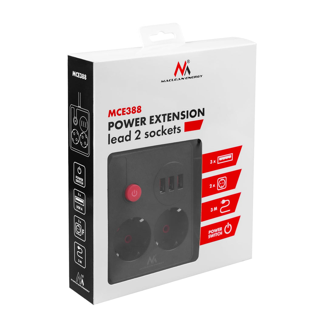 Maclean power strip, extender 2 sockets + 3xUSB, 110-240V AC 50/60Hz, 2.1A max 2500W, 3 m, black, MCE388 B