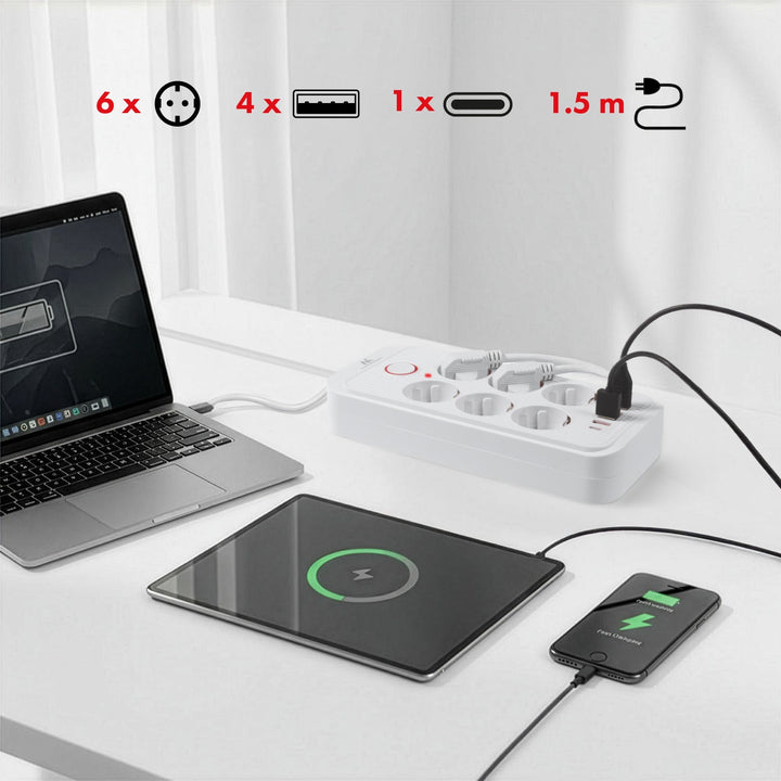 Maclean power strip, 6 socket extension + 4xUSB, 110-240V AC 50/60Hz, 2.1A max 2500W, 1.5 m, white, MCE389 W