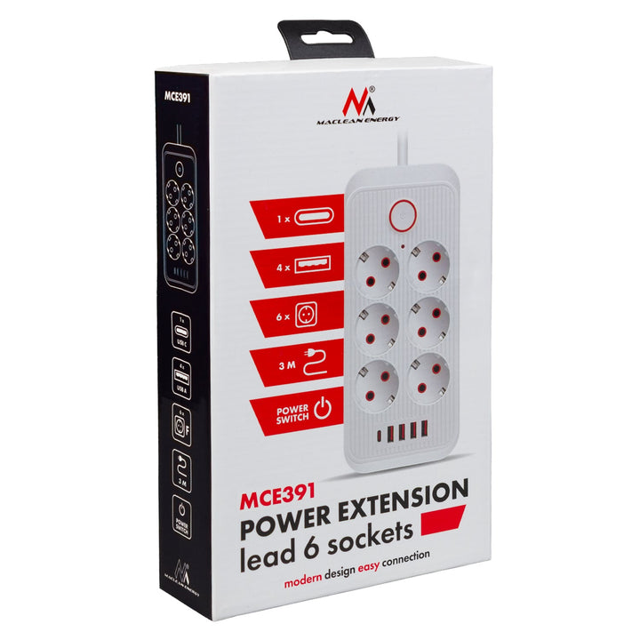 Maclean power strip, 6 socket extension + 4xUSB, 110-240V AC 50/60Hz, 2.1A max 2500W, 3m, white, MCE391 W