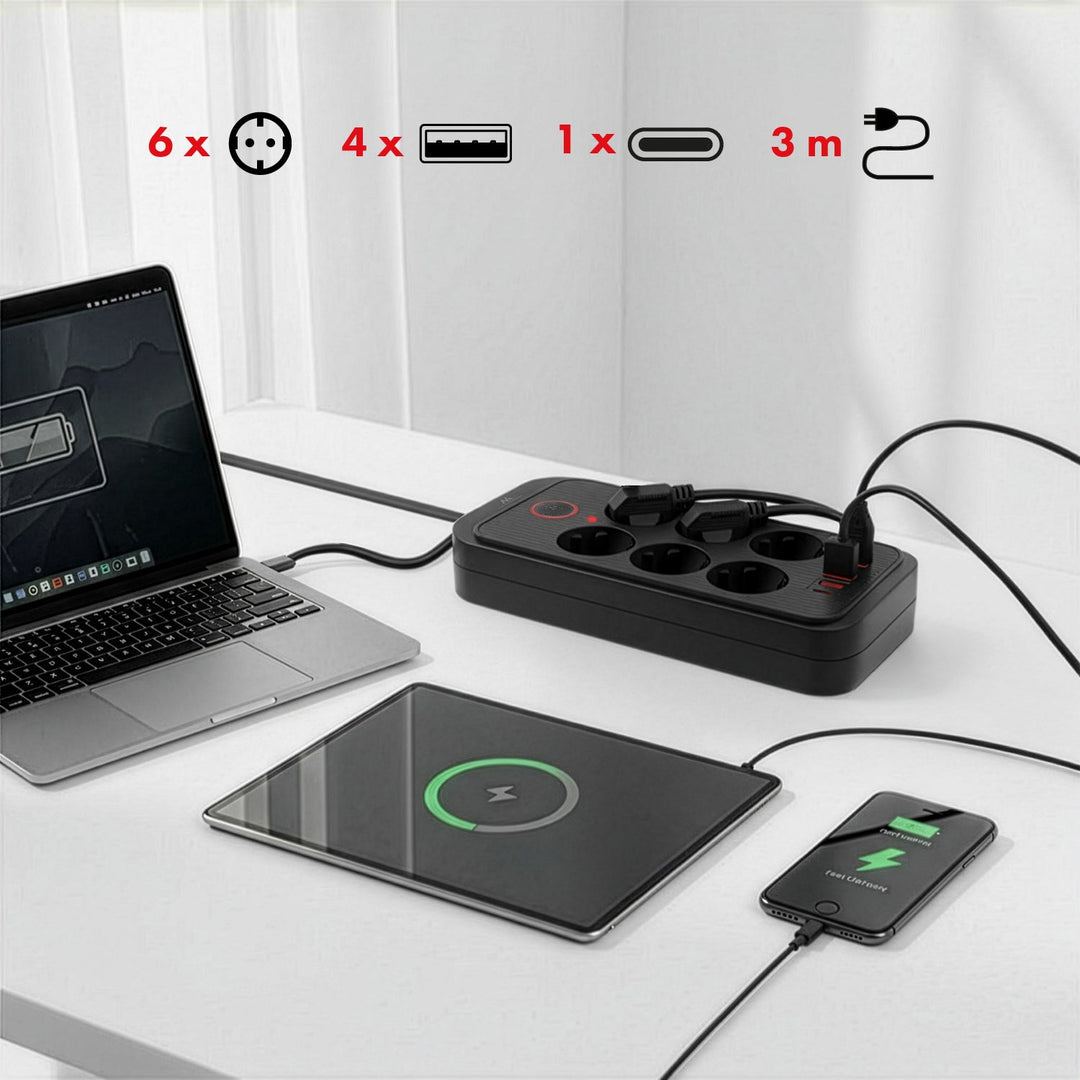 Maclean power strip, 6 socket extension + 4xUSB, 110-240V AC 50/60Hz, 2.1A max 2500W, 3m, black, MCE391 B