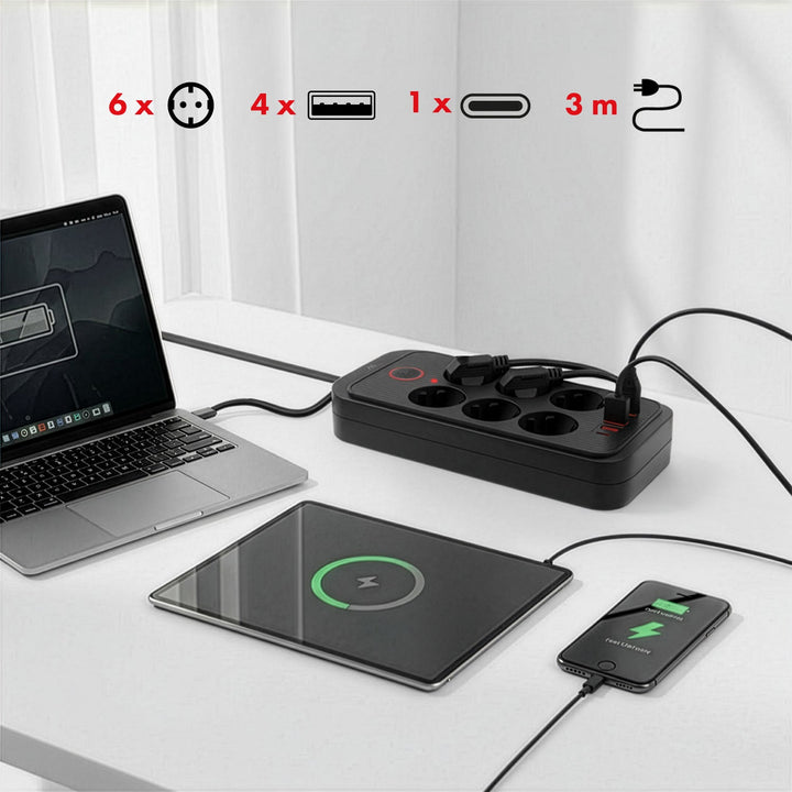 Maclean power strip, 6 socket extension + 4xUSB, 110-240V AC 50/60Hz, 2.1A max 2500W, 3m, black, MCE391 B