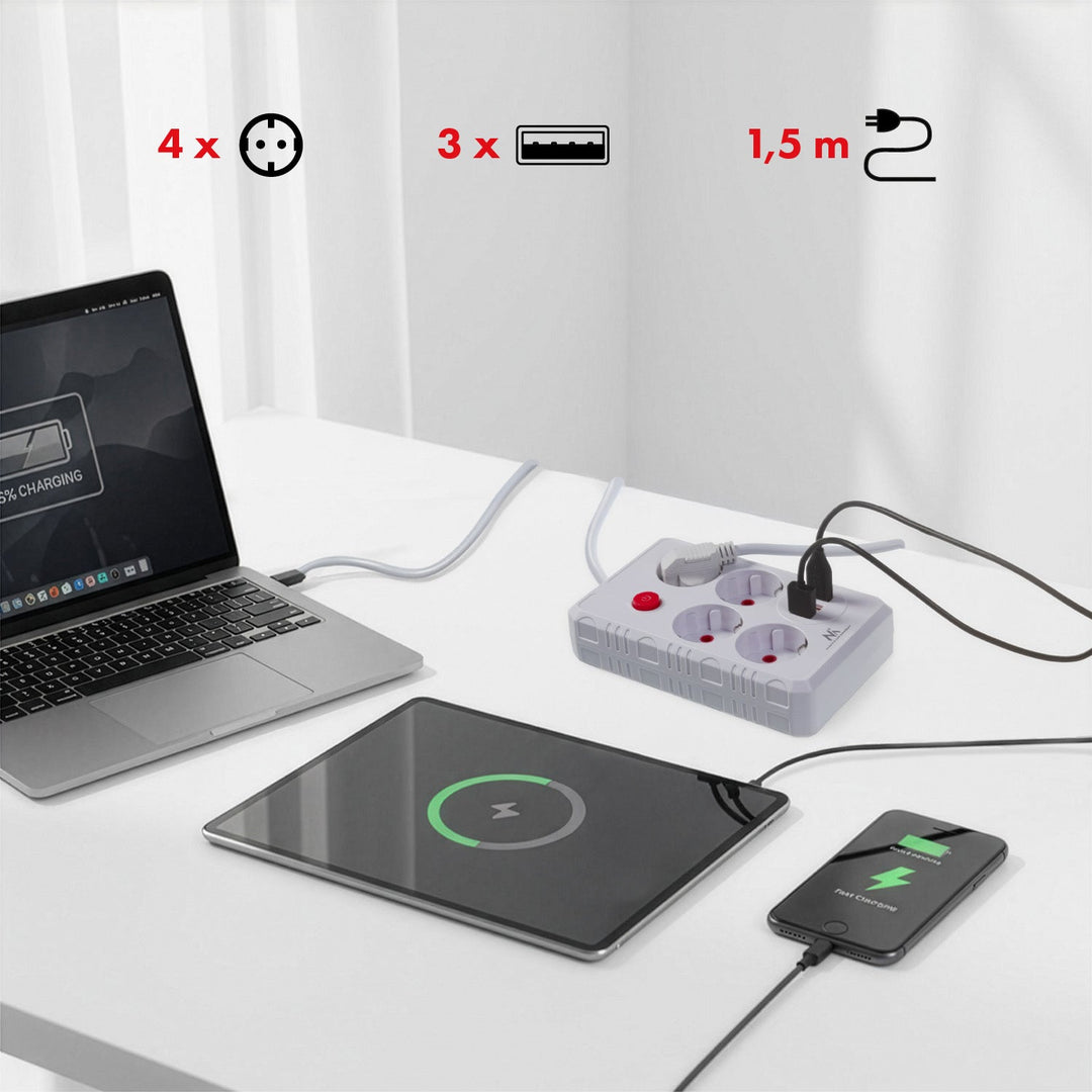 Maclean power strip, 4-socket extension cable + 3xUSB, 110-240V AC 50/60Hz, 2.1A max 2500W, 1.5m, white, MCE392 W
